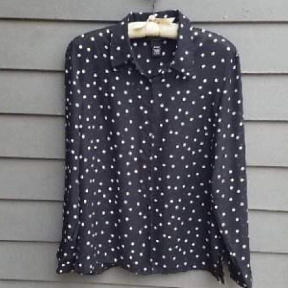 Dialogue Black Sheer Polka Dot Long Sleeve Blouse  Size Medium